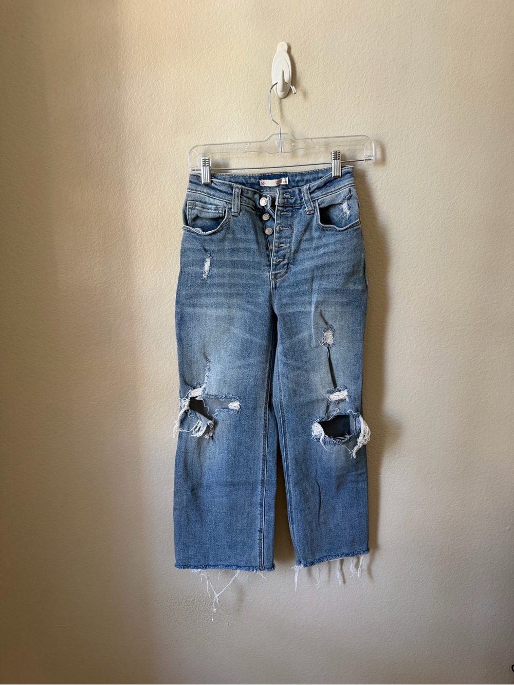 SO Light Blue High-Rise Distressed Cropped Jeans